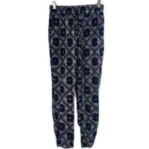 Iris Blue White Print Stretchy Drawstring Waist Jogger Boho Harem Pants Sz Large